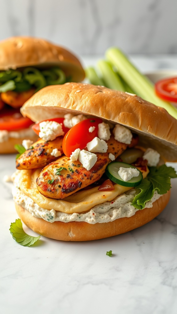 Mediterranean Chicken Sandwich with grilled chicken, fresh veggies, and feta cheese.
