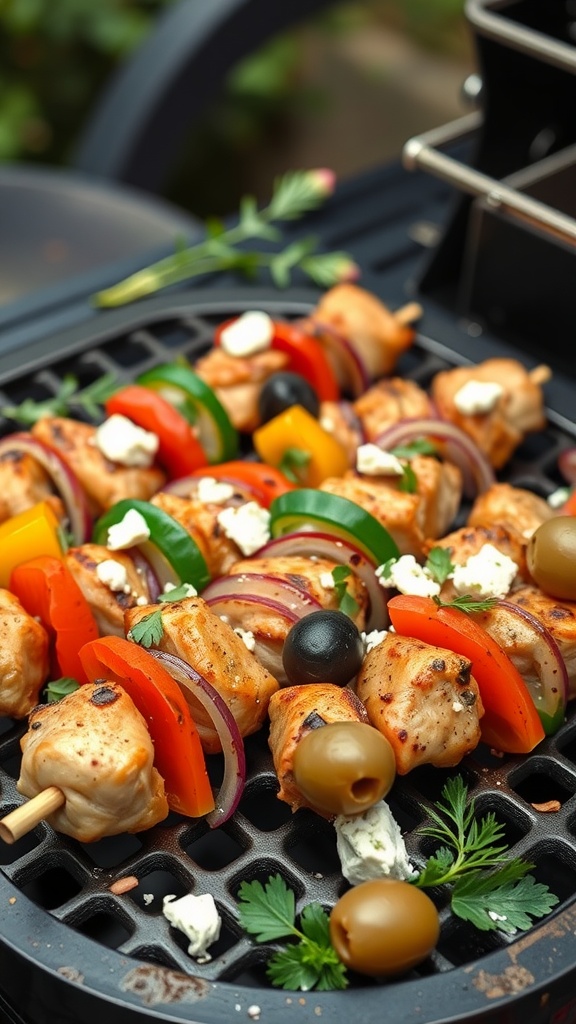 A plate of Mediterranean chicken skewers with colorful vegetables and feta cheese.