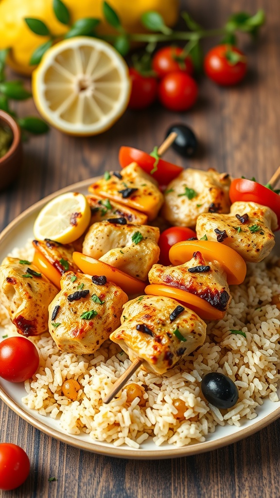 Mediterranean chicken skewers served with lemon rice and fresh vegetables.