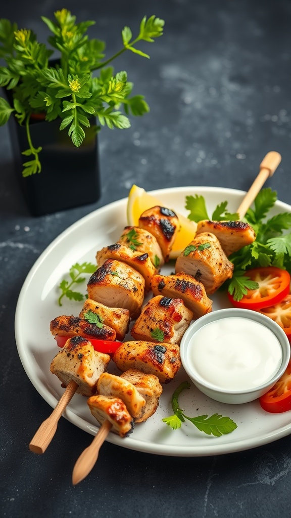 Plate of Mediterranean chicken skewers with tzatziki sauce