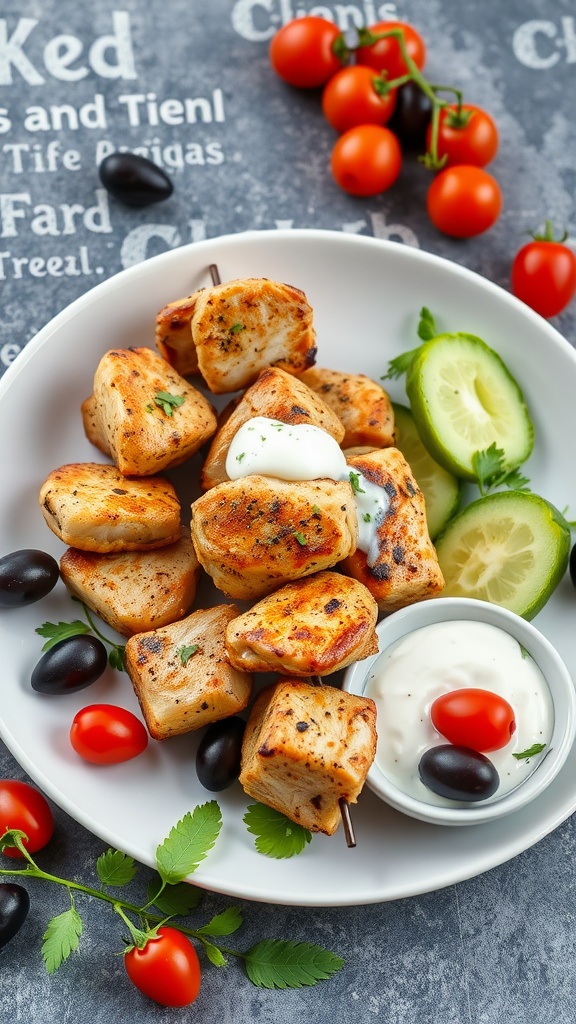 Delicious Mediterranean chicken skewers served with tzatziki sauce, cucumber slices, and cherry tomatoes.