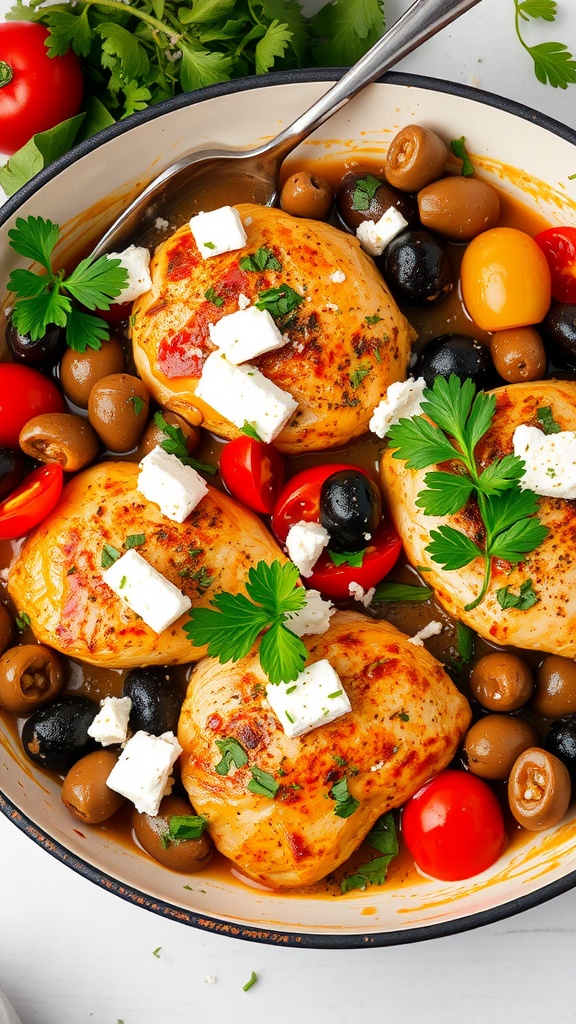A skillet filled with Mediterranean chicken, olives, and vegetables garnished with parsley.