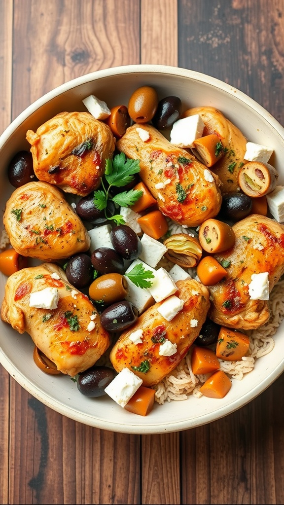 A bowl of Mediterranean chicken thighs with olives, feta, and cherry tomatoes.
