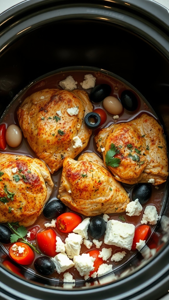 Delicious Mediterranean chicken thighs with olives, tomatoes, and feta cheese in a crock pot.