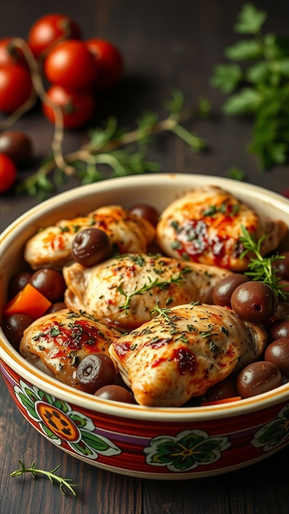 A delicious plate of Mediterranean chicken thighs with olives and tomatoes.
