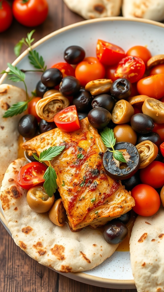 A plate of Mediterranean chicken thighs with tomatoes, olives, and pita bread
