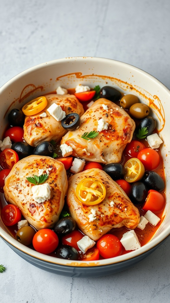 A delicious dish of Mediterranean chicken thighs with olives, cherry tomatoes, and feta cheese.