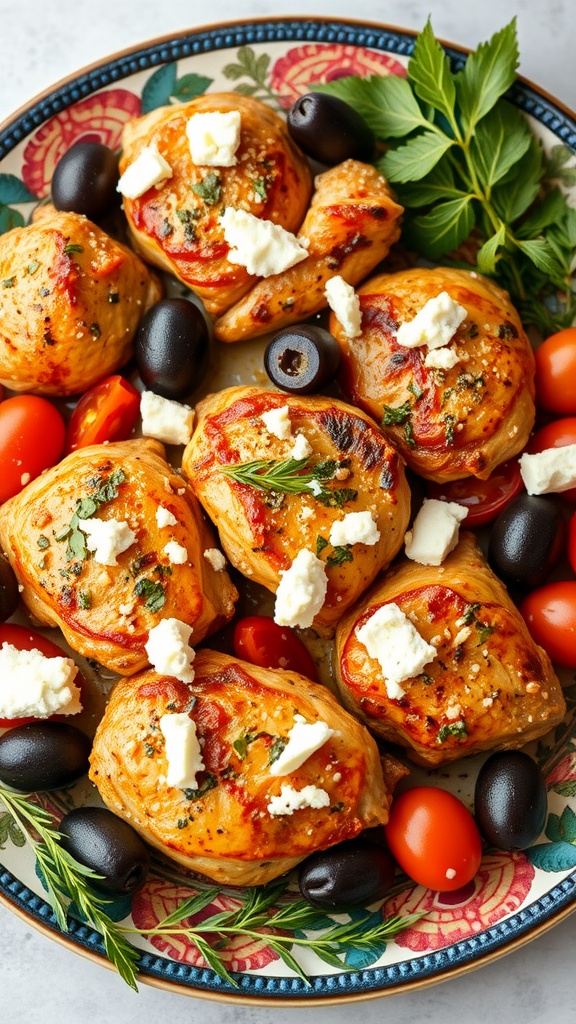 Delicious Mediterranean chicken thighs served with olives and tomatoes.