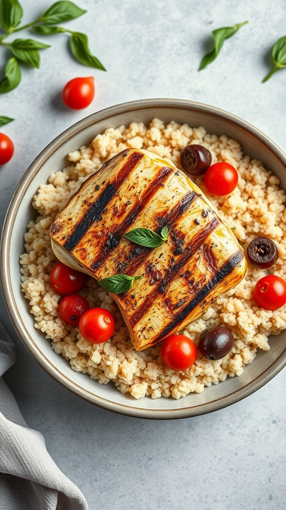 A bowl of Mediterranean chicken with couscous, cherry tomatoes, and olives.