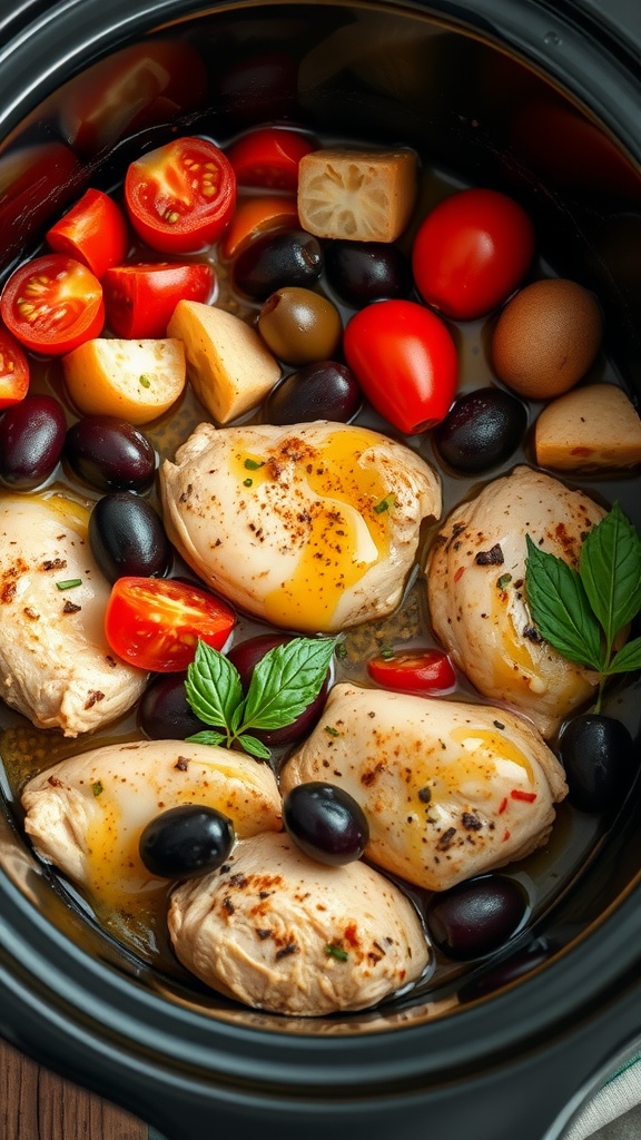 A slow cooker filled with Mediterranean chicken, olives, and cherry tomatoes.