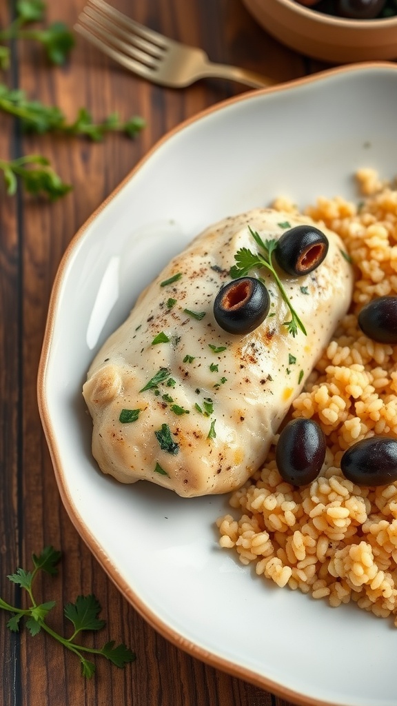 Mediterranean chicken breast garnished with olives and herbs, served with a side of couscous.