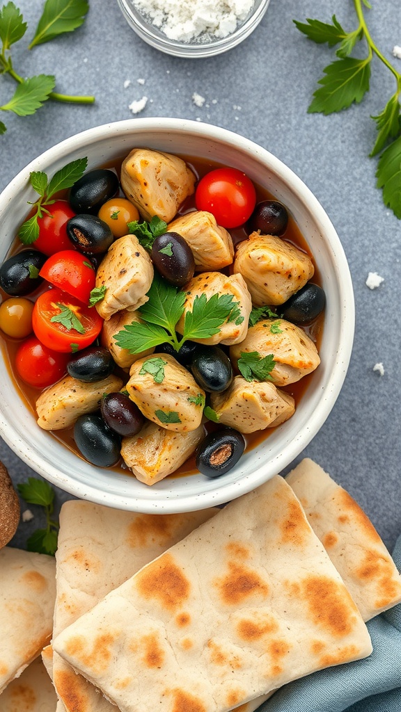 A bowl of Mediterranean chicken with olives, tomatoes, and herbs, served with pita bread.