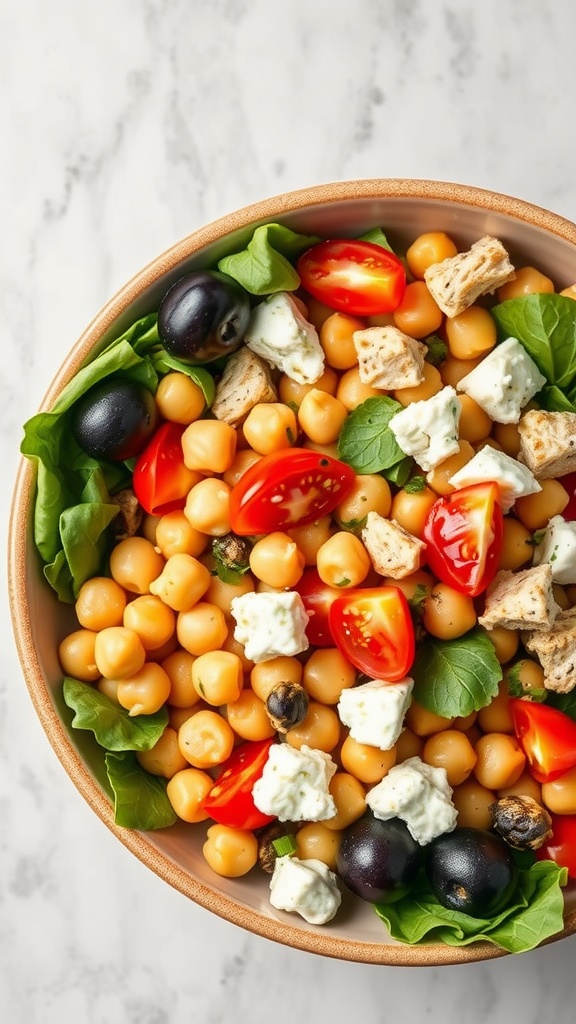 A bowl of Mediterranean Chickpea Chicken Salad with tomatoes, olives, and feta cheese.