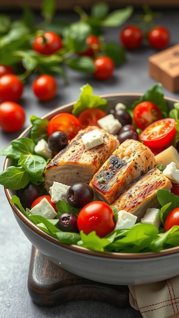 Mediterranean Grilled Chicken Salad with cherry tomatoes, olives, and feta cheese