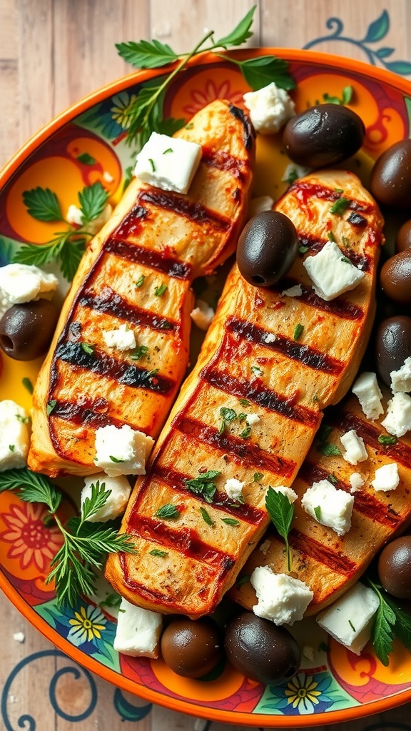 Mediterranean grilled chicken strips garnished with parsley and served with olives and feta cheese.
