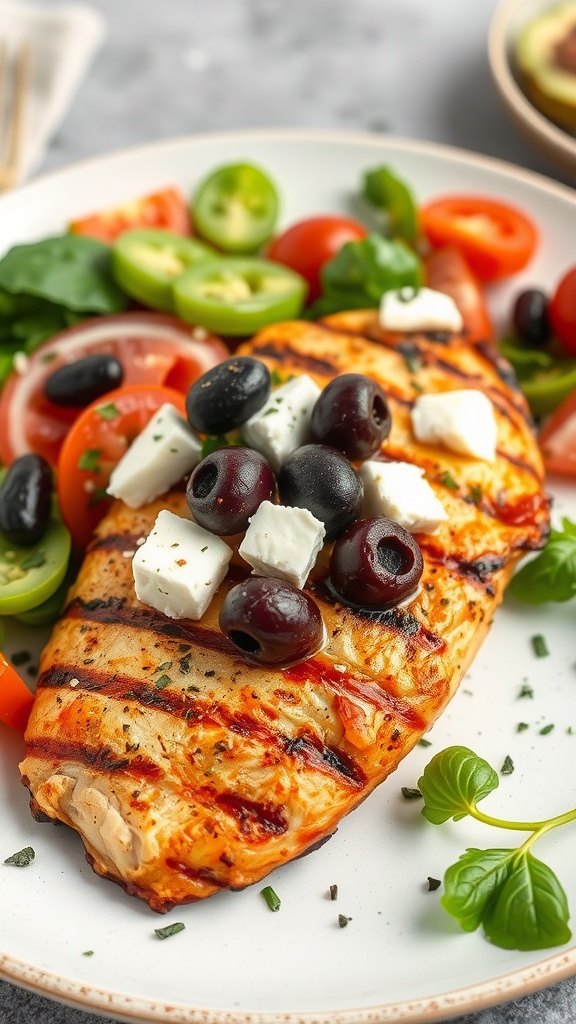 Grilled chicken breast topped with feta cheese and olives, served with a fresh salad.