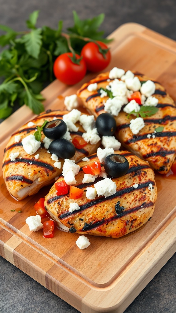 Grilled chicken thighs topped with feta, olives, and tomatoes on a wooden board.