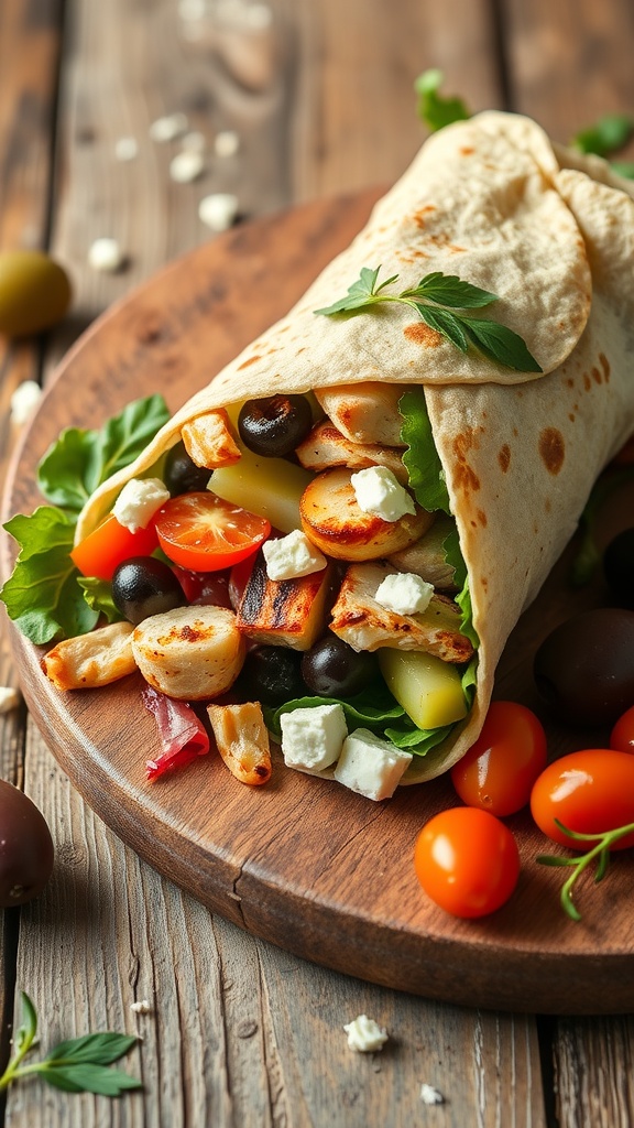 Mediterranean Grilled Chicken Wrap with fresh vegetables and feta cheese