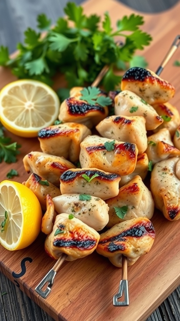 Mediterranean Herb Chicken Skewers with lemon and herbs on a wooden board.