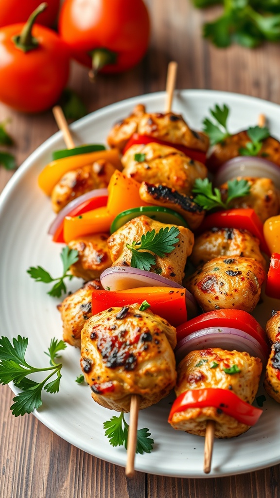 Delicious Mediterranean Herb Grilled Chicken Kabobs with colorful vegetables on skewers.