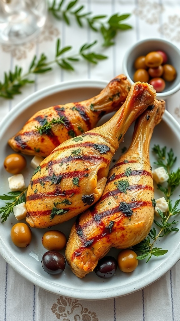 Grilled chicken legs garnished with herbs and served with olives.