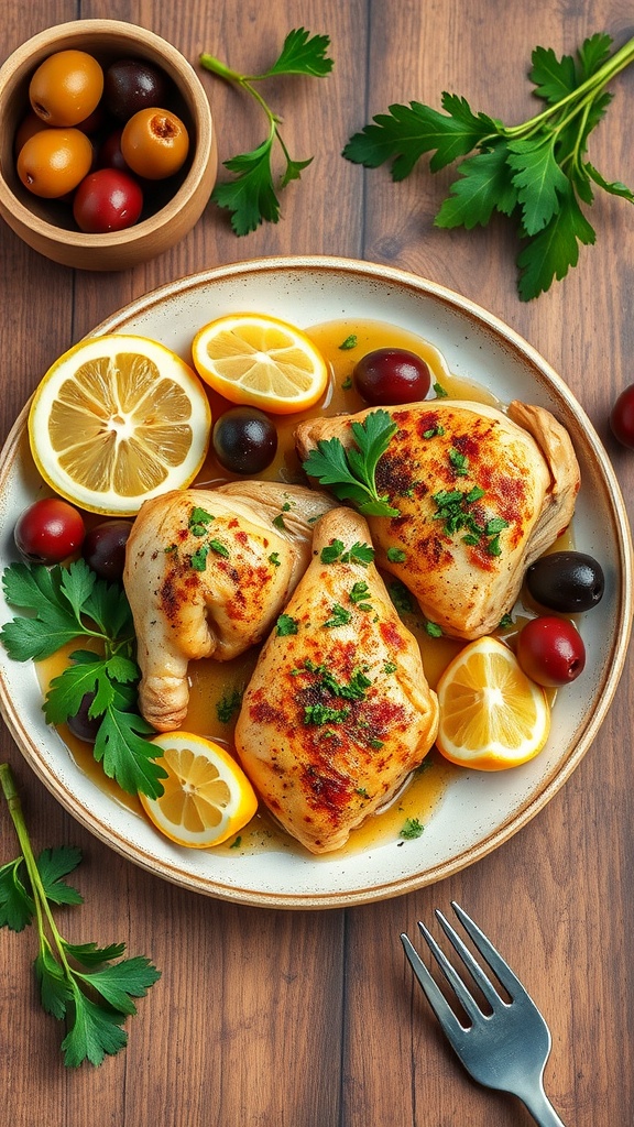 Plate of Mediterranean Lemon Garlic Chicken garnished with parsley and lemon slices