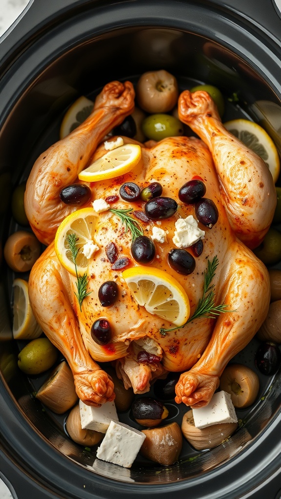 A slow cooker with a whole chicken surrounded by lemon slices and olives.
