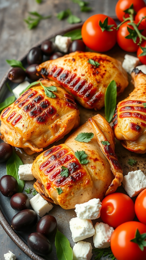 Plate of Mediterranean marinated chicken thighs garnished with herbs and served with tomatoes and olives