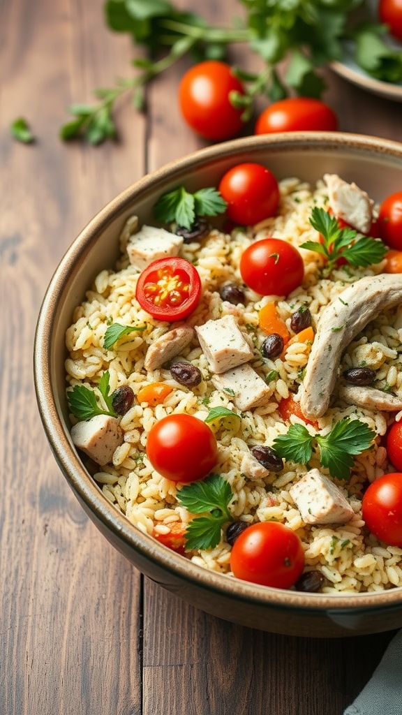 A bowl of Mediterranean Orzo Chicken Salad with tomatoes, parsley, and chicken