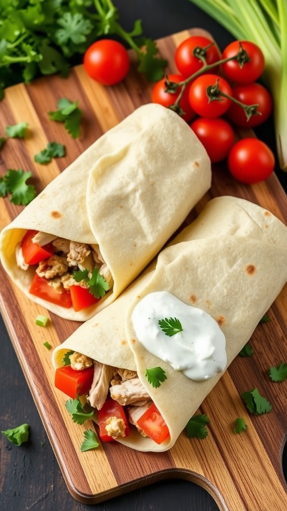 Mediterranean pulled chicken wraps on a wooden board with fresh ingredients
