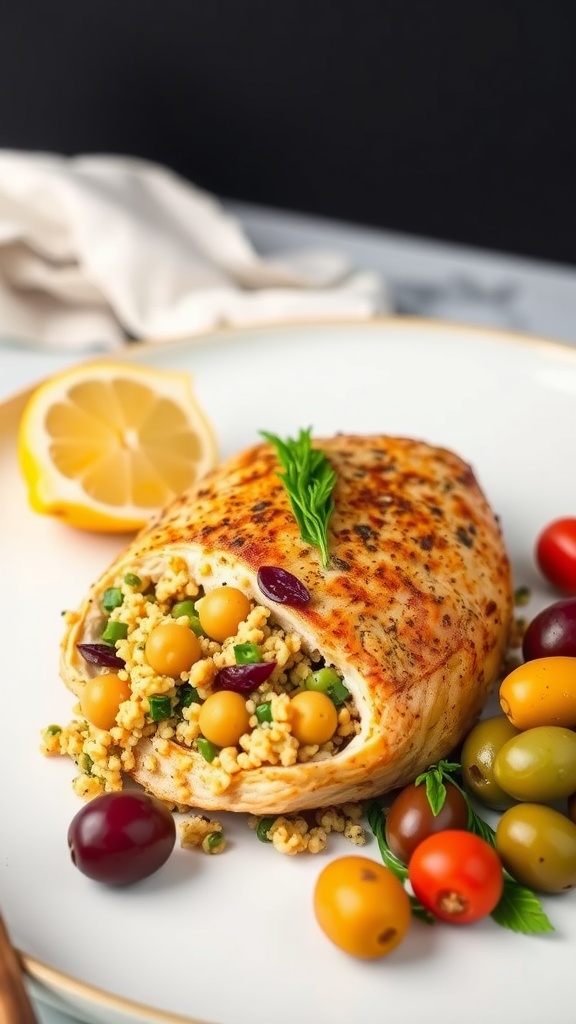 Stuffed chicken breast with quinoa and chickpeas on a plate
