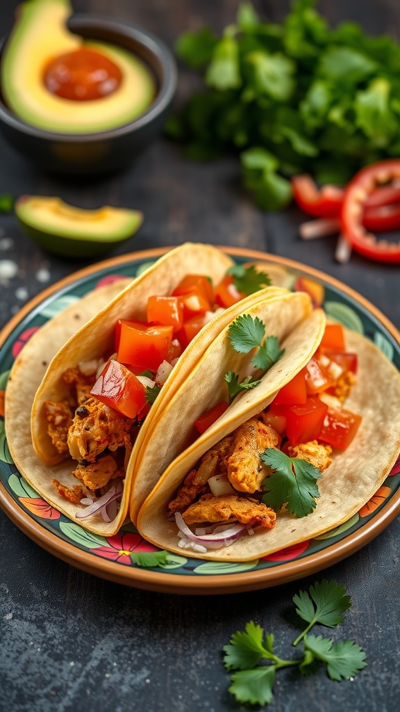 Delicious Mexican chicken tacos served with fresh toppings.