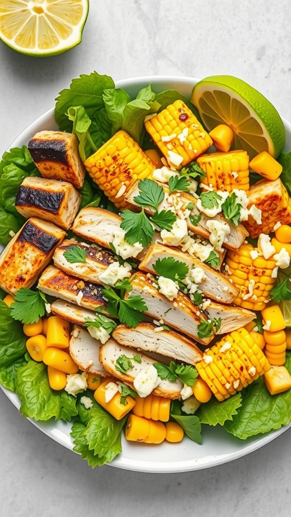 A vibrant Mexican street corn chicken salad with grilled chicken, corn, and fresh greens.