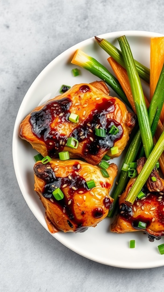 Delicious miso glazed chicken thighs served with green onions and vegetables.