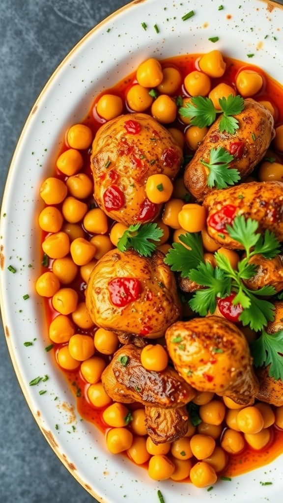 A bowl of Moroccan spiced chicken with chickpeas garnished with fresh herbs.