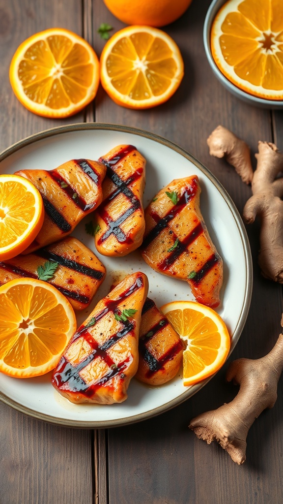 Delicious Orange Ginger Grilled Chicken Strips with fresh oranges and ginger on a wooden table.