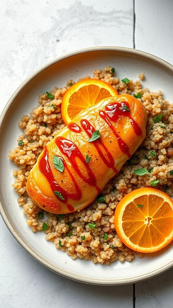 Air Fried Orange Glazed Chicken served with quinoa and garnished with orange slices.