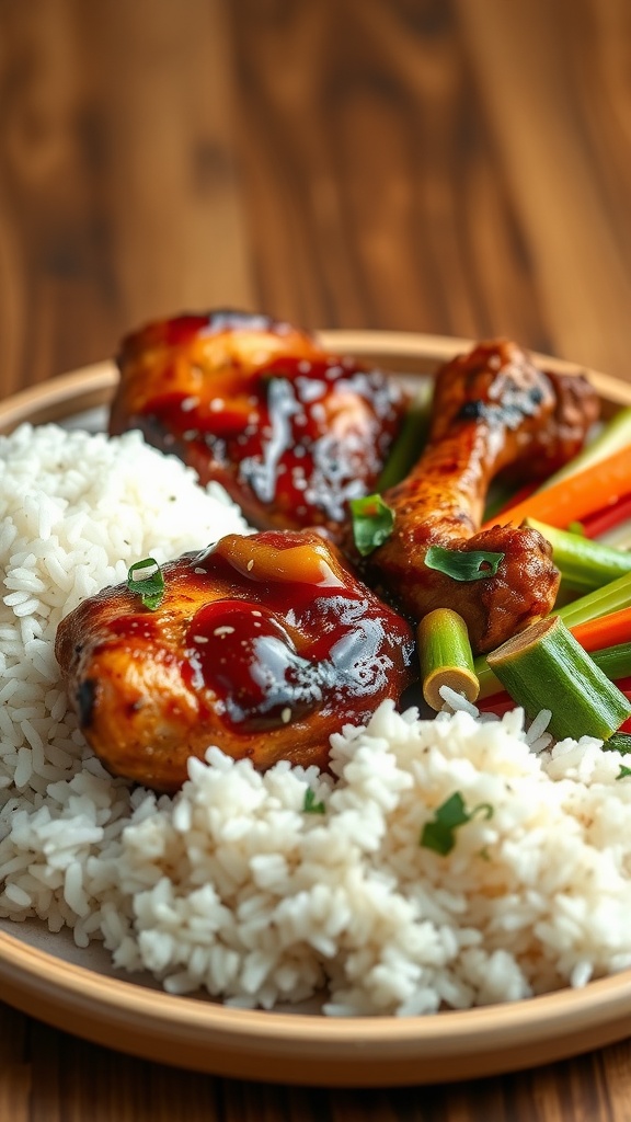Oven-baked teriyaki chicken thighs served with rice and vegetables.