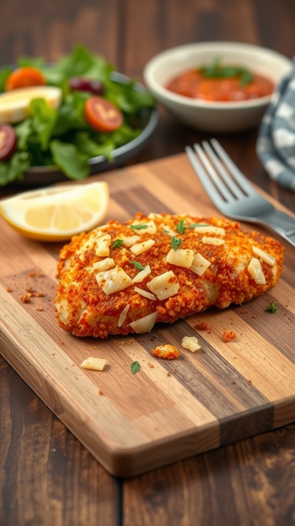 Paprika and Parmesan Crusted Chicken on a wooden board