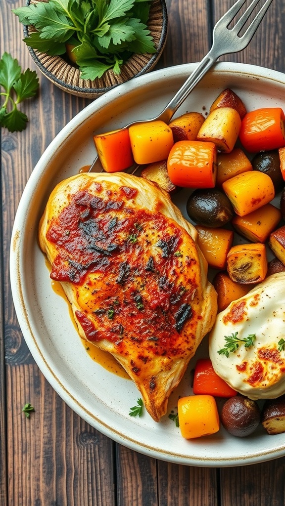 Paprika chicken served with roasted vegetables on a plate.