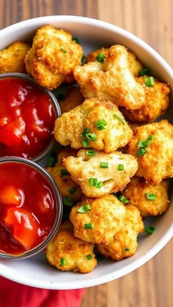 Crispy Parmesan Garlic Chicken Cauliflower Bites served with marinara sauce.