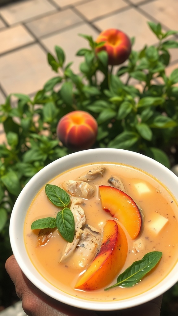 A bowl of peach and basil chicken soup garnished with peach slices and basil leaves.
