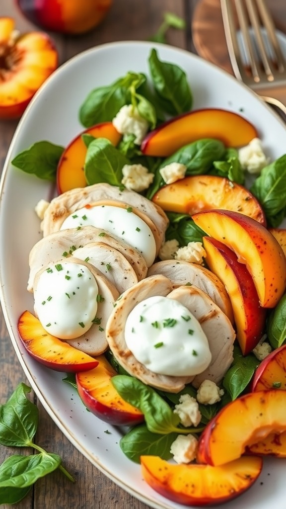 A colorful peach and burrata chicken salad featuring grilled chicken, fresh spinach, and slices of peach.
