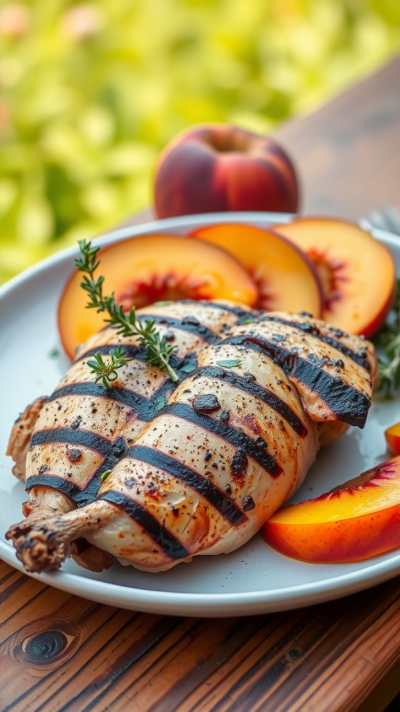 A plate of grilled chicken served with fresh peach slices, garnished with thyme.