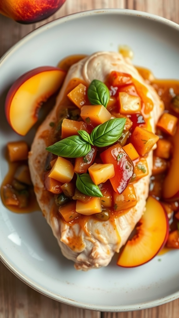 A serving of Peach Basil Chutney Chicken with diced peaches and fresh basil on top.