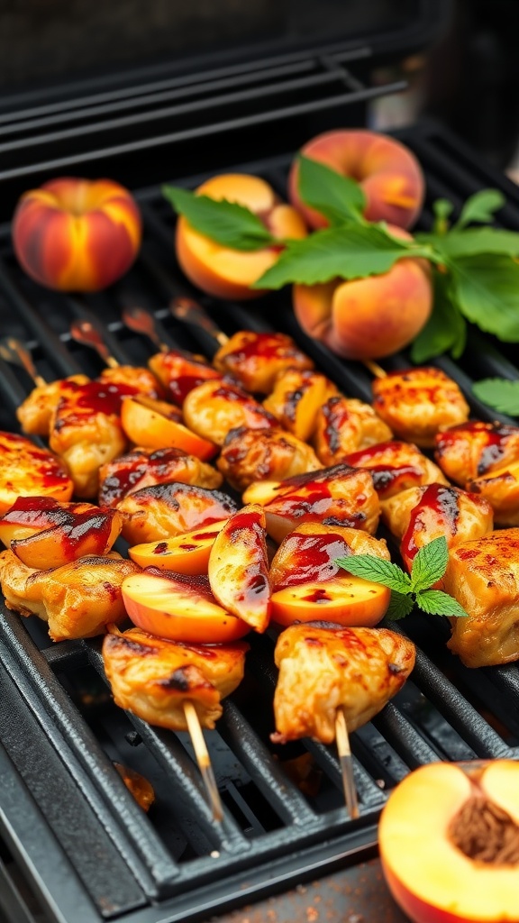 Grilled peach glazed chicken skewers on a barbecue grill