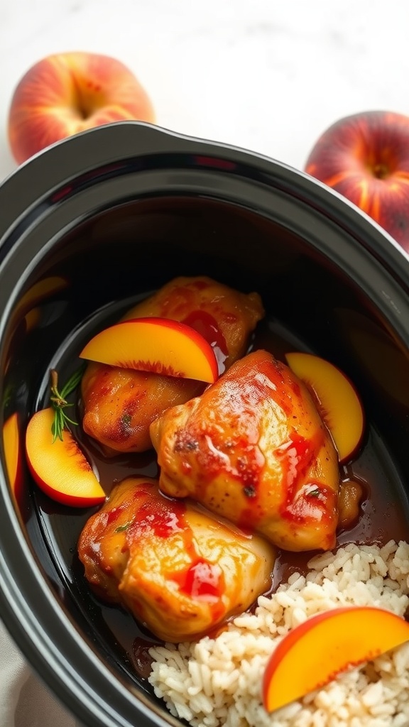 Delicious peach glazed chicken thighs in a slow cooker, served with rice and garnished with peach slices.