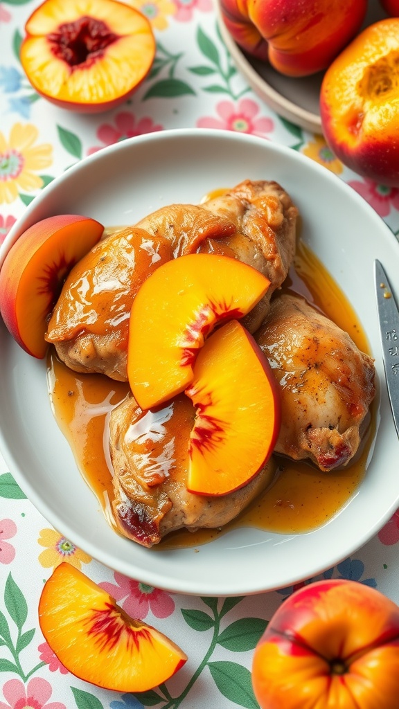 Peach Glazed Chicken Thighs served with peach slices on a plate