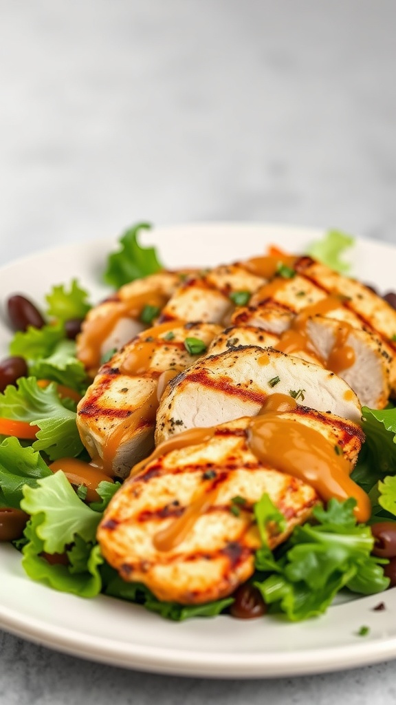 A vibrant Peanut Satay Chicken Salad with grilled chicken and fresh vegetables