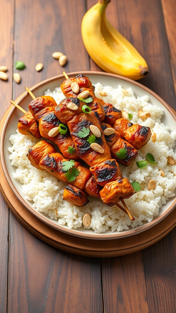 A plate of grilled chicken skewers with peanut sauce served over coconut rice, garnished with peanuts and cilantro.